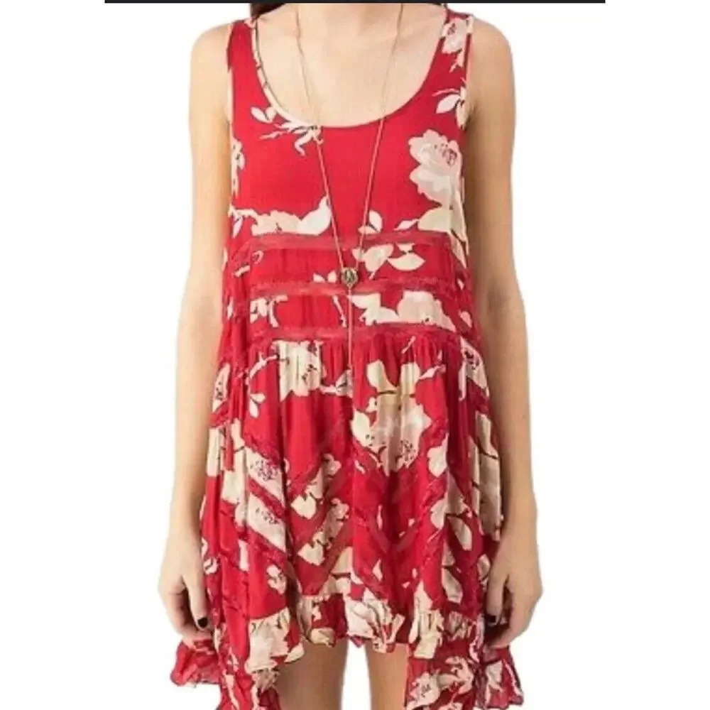 FREE PEOPLE Red Floral VOILE & LACE Trapeze Slip Dress Size XS 1085